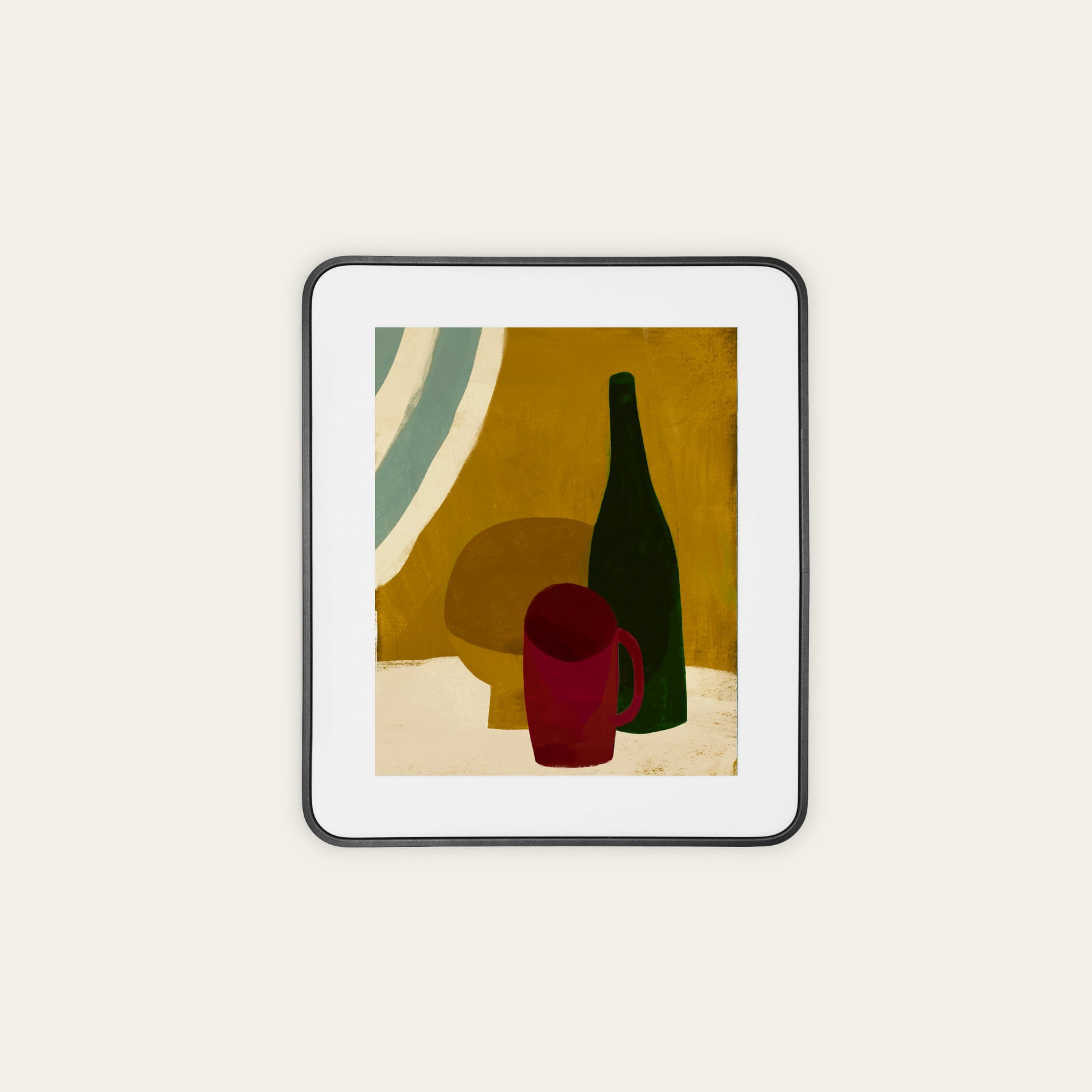 Framed abstract art print with a red cup and green bottle on a beige background