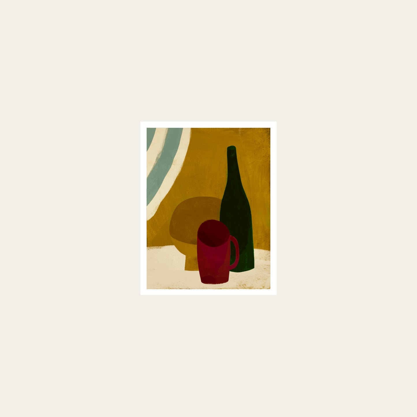 Artistic depiction of a bottle and a cup on a textured surface with abstract shapes in the background.