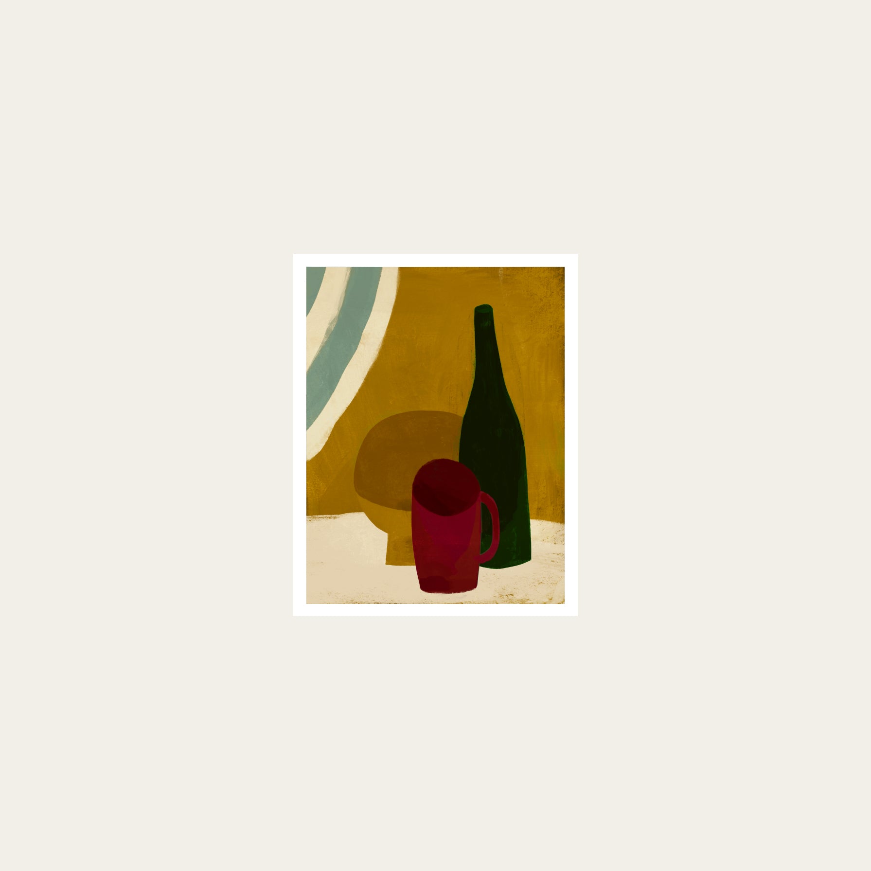 Artistic depiction of a bottle and a cup on a textured surface with abstract shapes in the background.