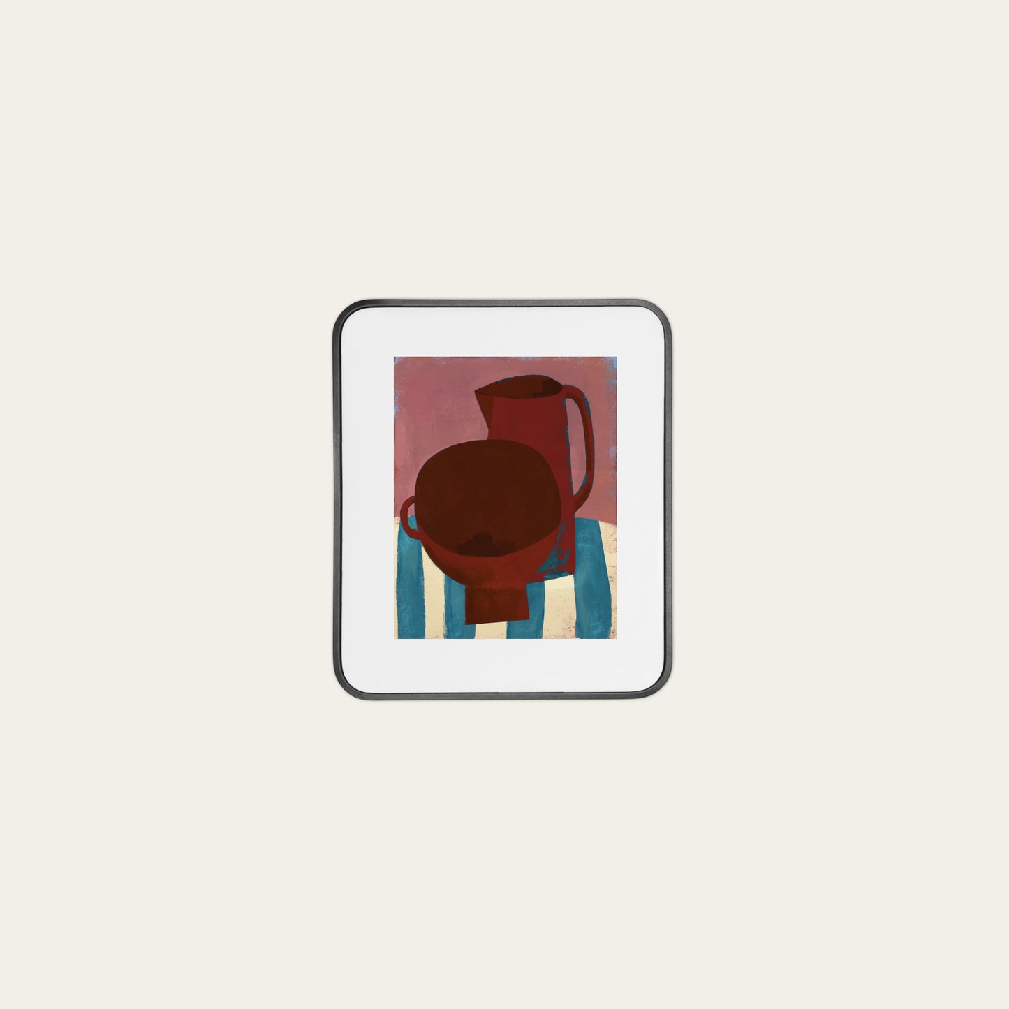 Framed artwork of a red pitcher on a striped surface with a white background