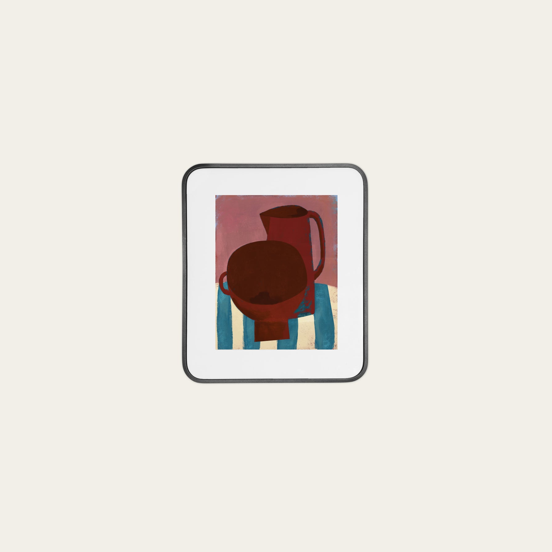 Framed artwork of a red pitcher on a striped surface with a white background