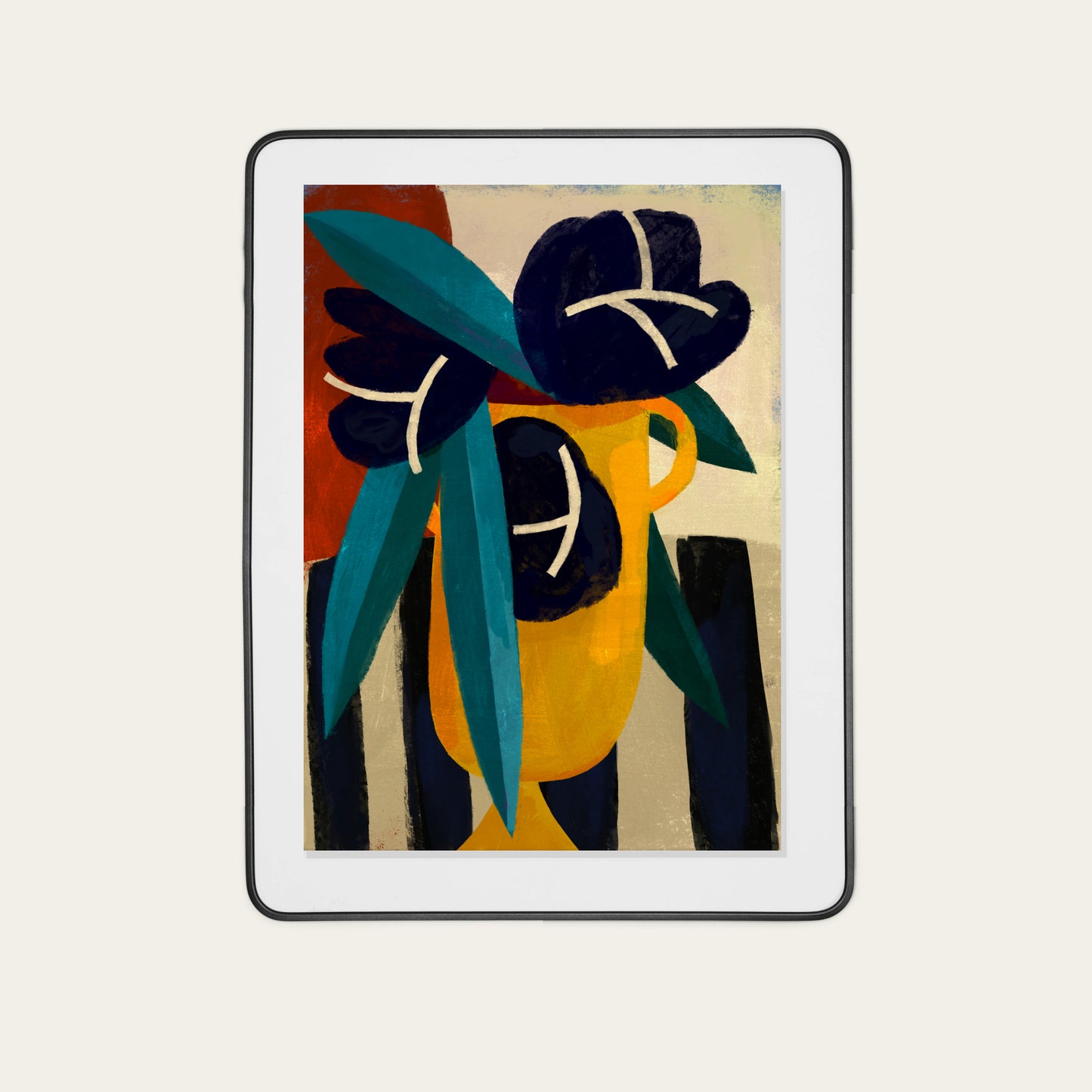 Framed artwork of a vase with flowers on a beige background