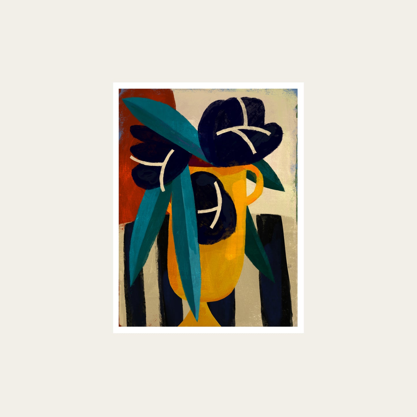 Abstract art print with a yellow vase and blue leaves on a beige background