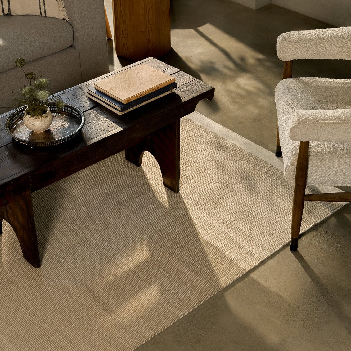 Living room with a wooden coffee table, books, and a plant on a textured rug. #coastalcream