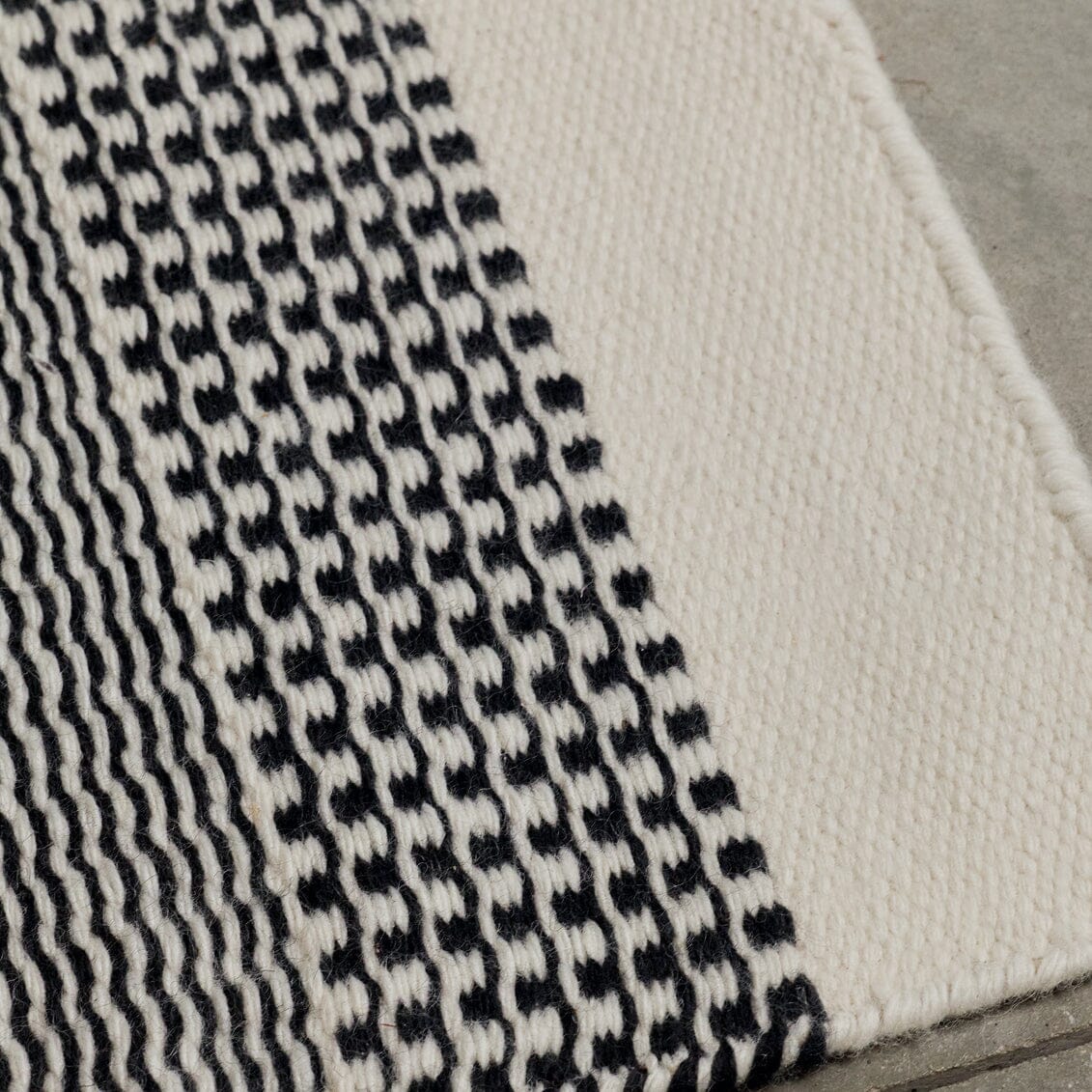 Close-up of a black and white patterned rug on a neutral background #ashblack