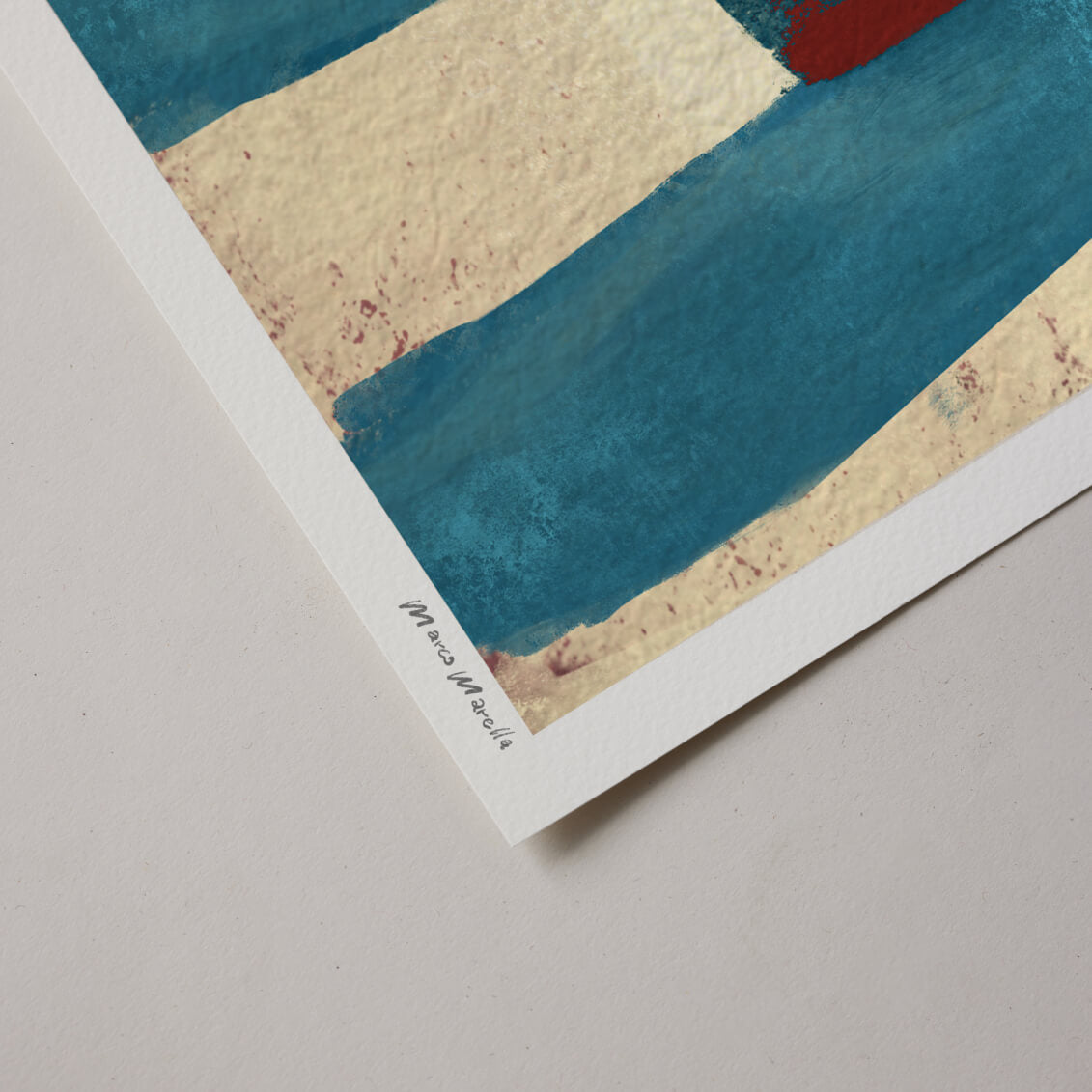 Abstract art print with blue and beige colors on a gray background