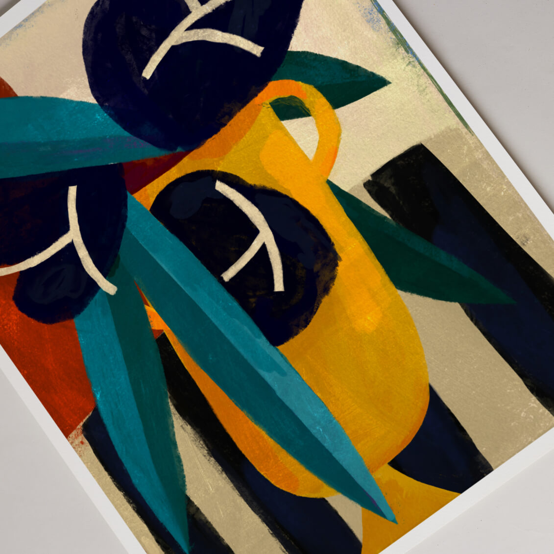 Abstract artwork with geometric shapes and vibrant colors on a beige background