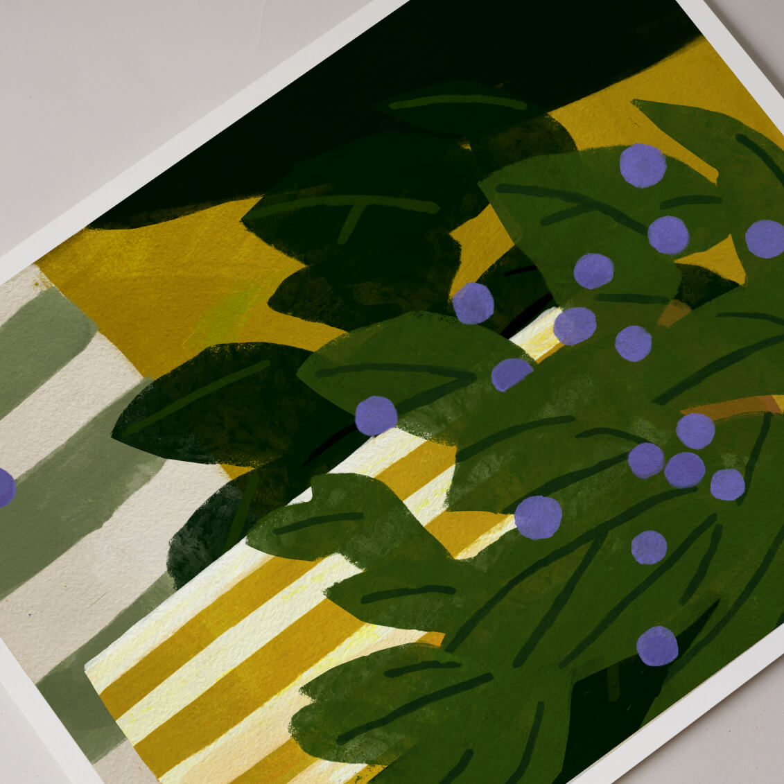 Art print with green leaves and purple berries on a striped background