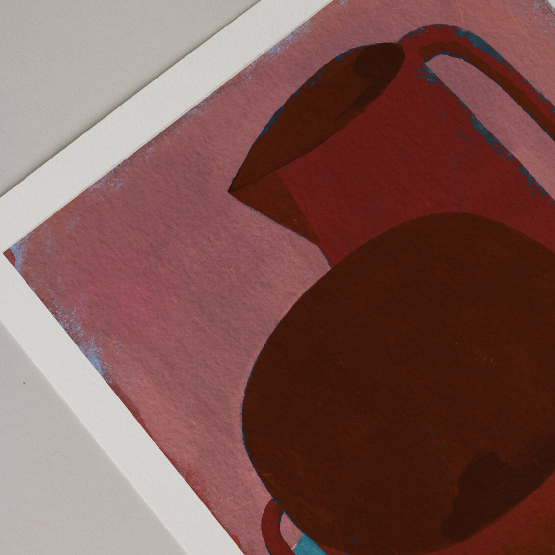 Abstract art piece with geometric shapes in red and brown on a textured surface.